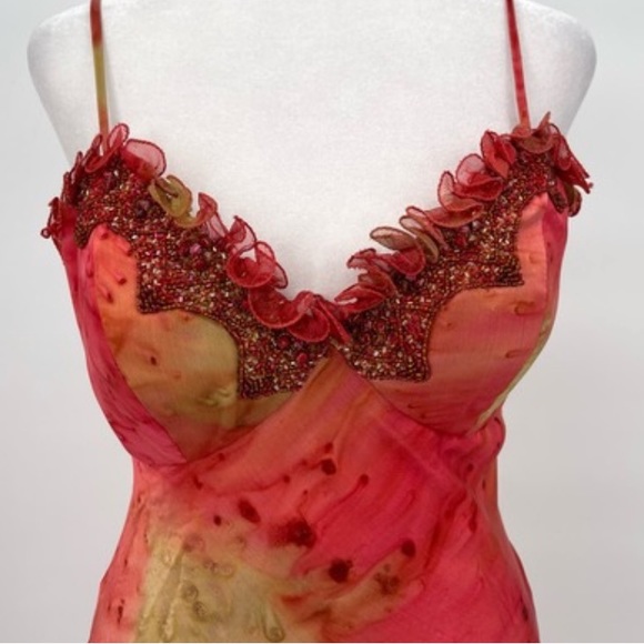 Vintage 90s Y2K 100% Silk Beaded Dress Vintage Silk Dress Prom Fairy Watercolor - Picture 9 of 16